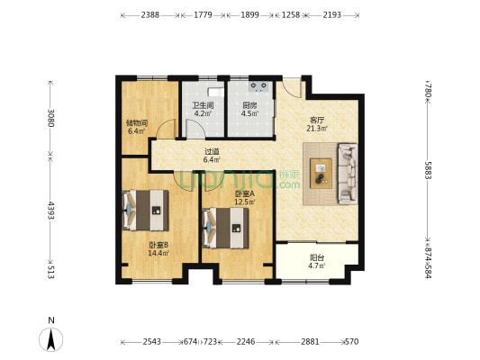 德懋府A区 2室1厅1卫 98平方