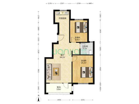 明珠城捌号院 2室1厅1卫 83平方