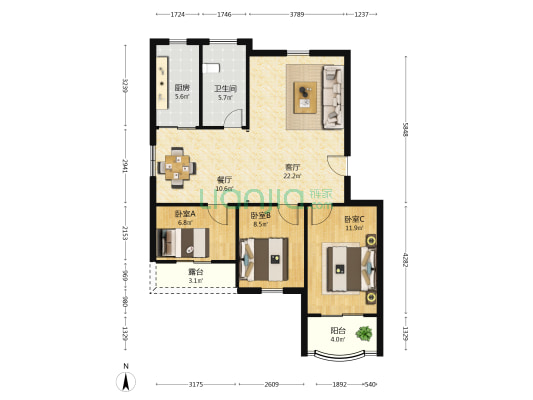 晟秀山庄 3室2厅1卫 67平方