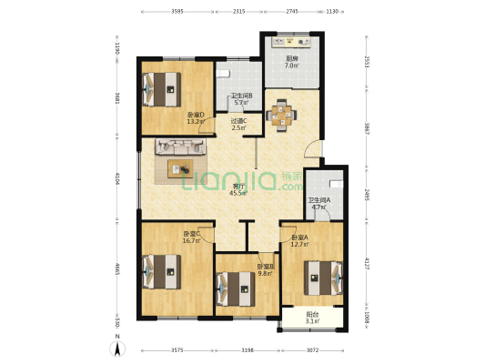 富春花园 4室1厅2卫 144平方