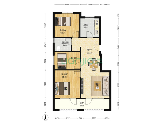 中瑞汇置中瑞府 3室1厅1卫 90平方