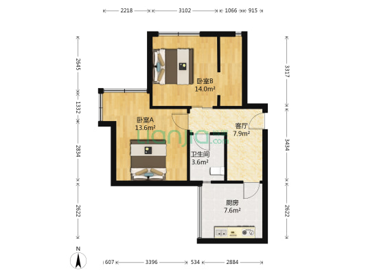马克公馆一期 2室1厅1卫 55平方