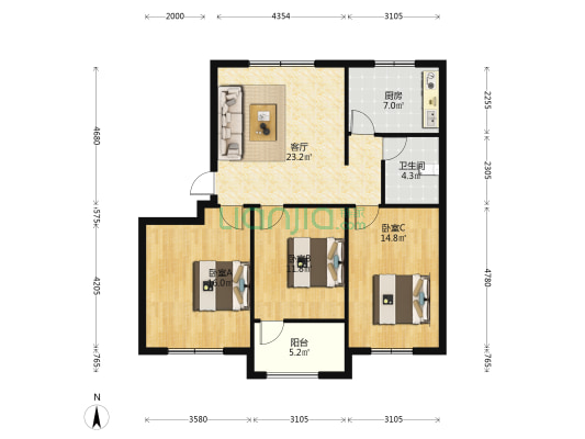 栋梁苑 3室1厅1卫 110平方