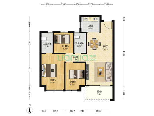敏捷珑玥府 3室1厅2卫 95平方