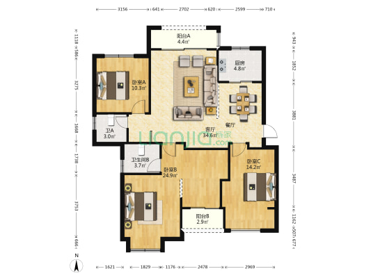 石井花园 3室1厅2卫 141平方
