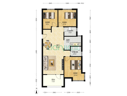 厚德礼著南院 3室1厅2卫 107平方
