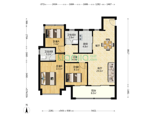 招商奥体公园一期 3室1厅2卫 104平方