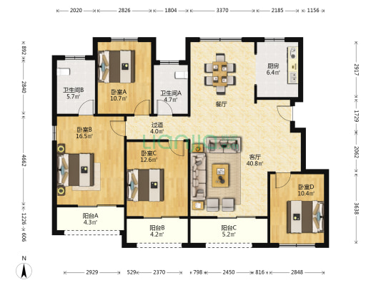 普罗理想国西1苑 4室1厅2卫 145平方