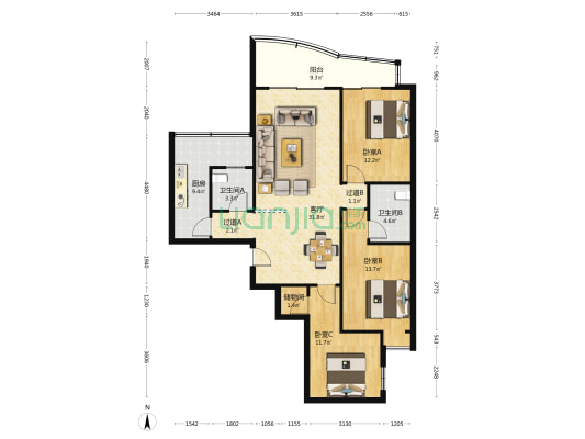 恒丰佳星园 3室1厅2卫 134平方