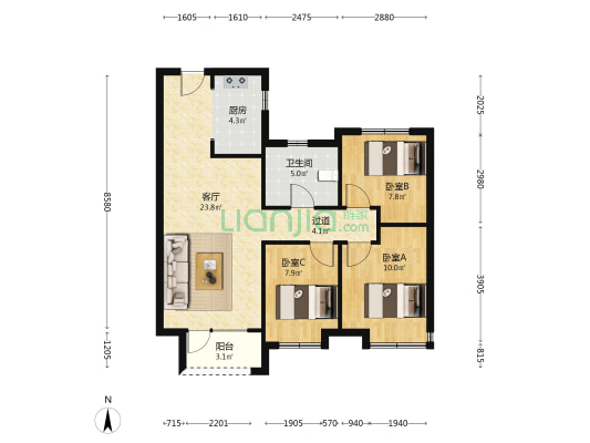 永定河孔雀城悦未来 3室1厅1卫 95平方