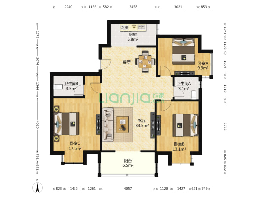 朗郡水木兰亭 3室1厅2卫 123平方