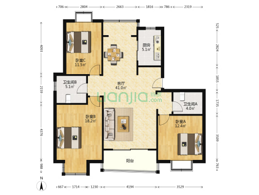 金澄花园 3室1厅2卫 124平方