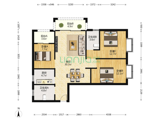 长水航城云翎苑 3室1厅2卫 104平方
