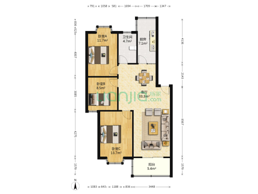 新广厦家园 3室1厅1卫 104平方