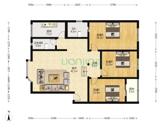 幸福街道解放社区统计局宿舍 3室1厅2卫 135平方