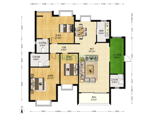 保利紫山国际花苑一期 3室1厅3卫 208平方