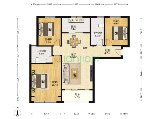 翠缇学府 3室1厅2卫 124平方