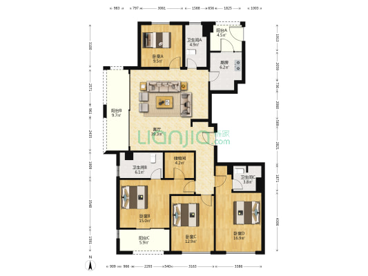 天际府 4室1厅3卫 168平方