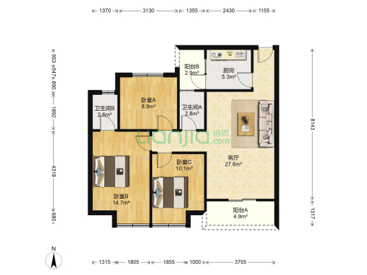 龙洞湾 3室1厅2卫 92平方