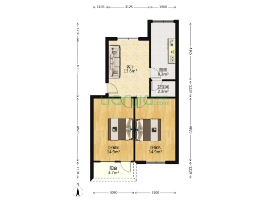 岗贝路 2室1厅1卫 66平方