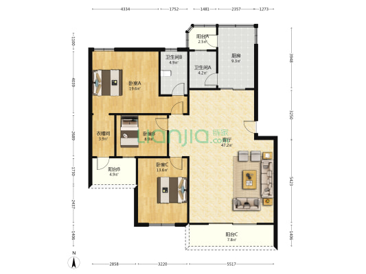 富康路 3室1厅2卫 136平方