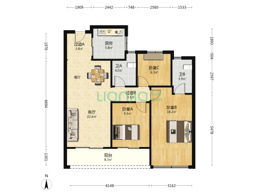 滨望雅庭 3室1厅2卫 107平方