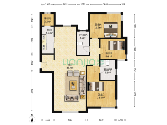 富力津门湖云舒花园 3室1厅2卫 143平方