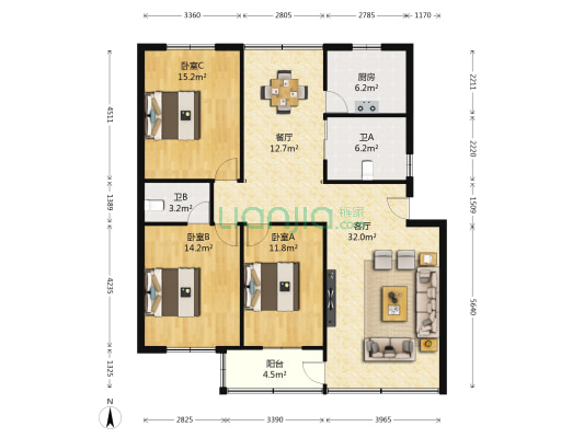 南滨花园 3室2厅2卫 136平方