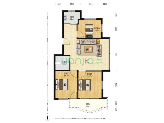 天盛公寓 3室1厅1卫 110平方