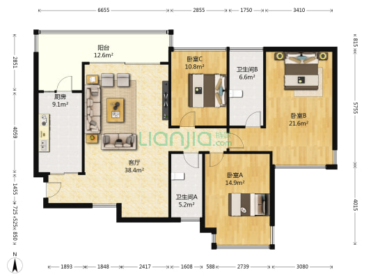 恒大绿洲 3室1厅2卫 140平方