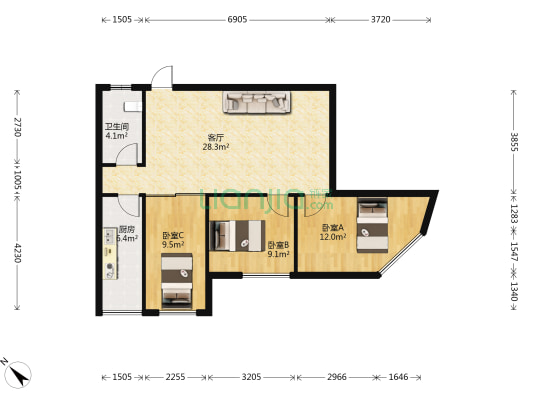 屏风花园 3室1厅1卫 89平方