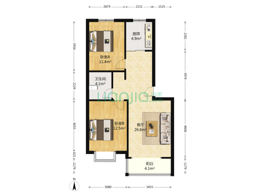 正规南北通透两居，客厅主卧朝南，业主诚心出售。-户型图