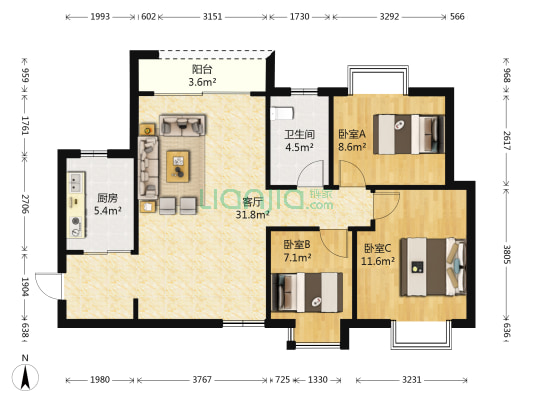 滙景公寓 3室1厅1卫 88平方
