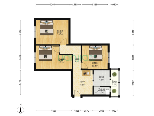 北陵大街2-4 3室1厅1卫 80平方