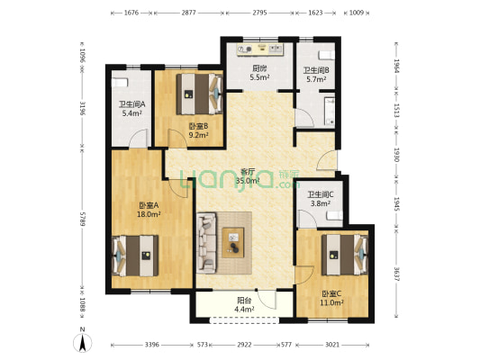 保利金香槟 3室1厅3卫 123平方