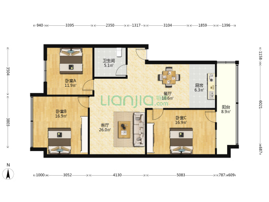 金鑫花苑 3室2厅1卫 118平方