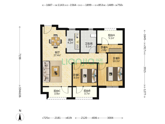 中梁御首府 3室1厅1卫 97平方