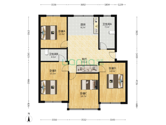 市心广场 4室1厅2卫 117平方