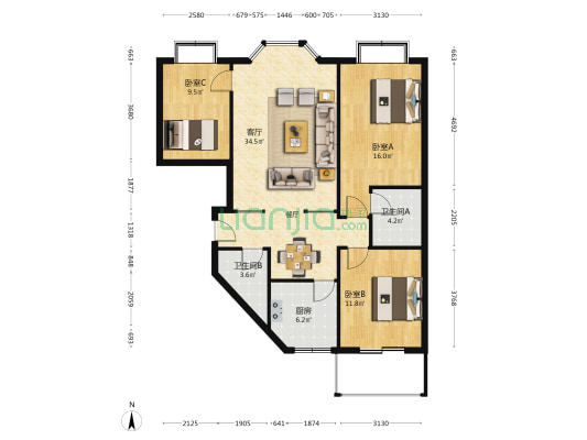 桂湖河畔南区 3室1厅2卫 106平方