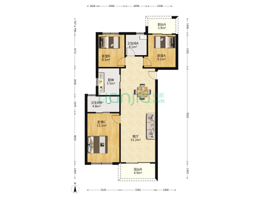 华发阳逻金茂逸墅 3室1厅2卫 109平方