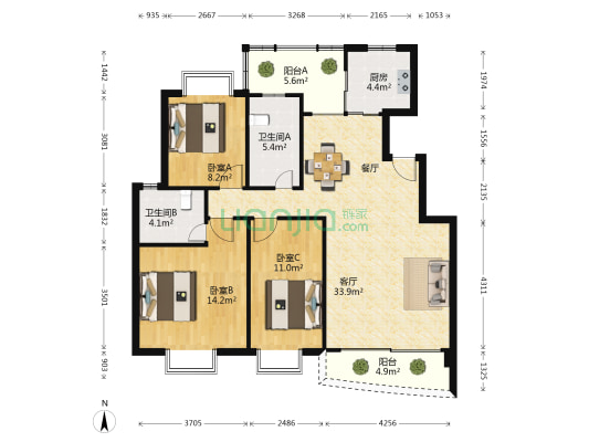 福涛东园 3室1厅2卫 112平方