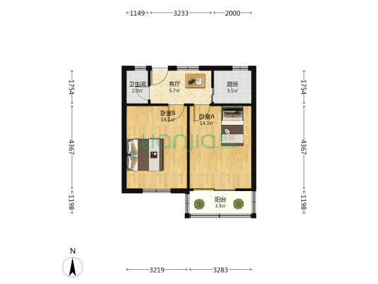 教科院宿舍 2室1厅1卫 55平方