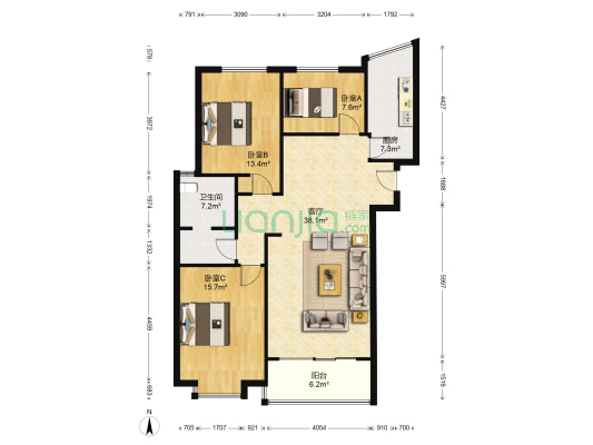 华龙路1110号 3室1厅1卫 127平方