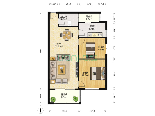 祥和里1号 2室1厅1卫 83平方