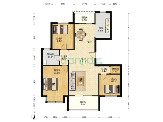 鸿锦凤凰新城 3室1厅1卫 119平方