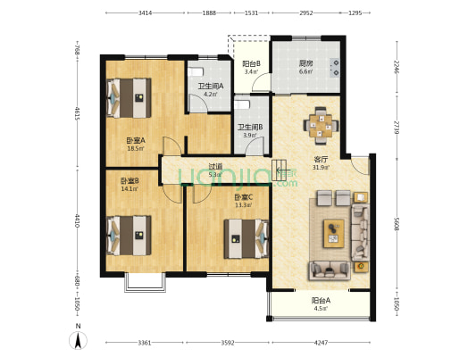 沙南B区 3室1厅2卫 120平方