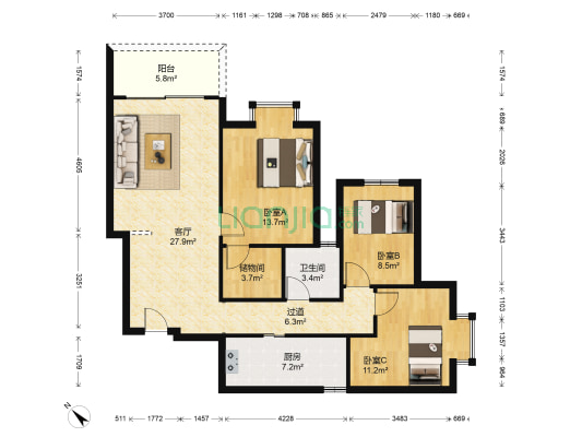 海屋裕鑫名都 3室1厅1卫 106平方