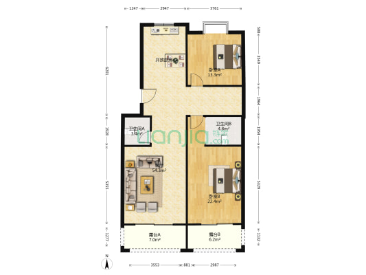 巴龙国际南区 2室1厅2卫 129平方