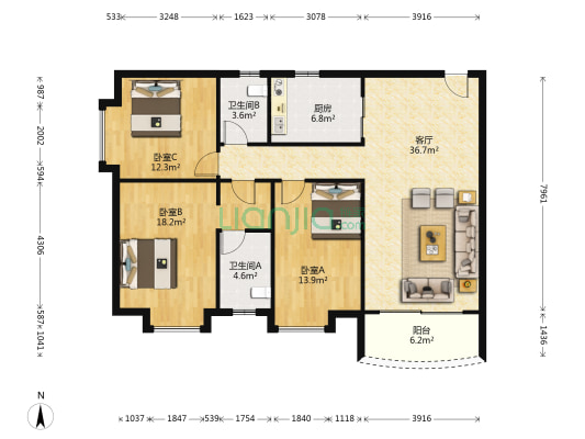 新世纪花园 3室1厅2卫 117平方