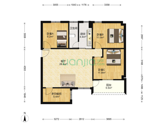 挂绿物业小区 4室1厅1卫 87平方